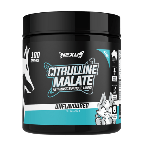 Nexus Sports Nutrition Citrulline Malate supplement bottle, essentials for workout performance and muscle endurance.