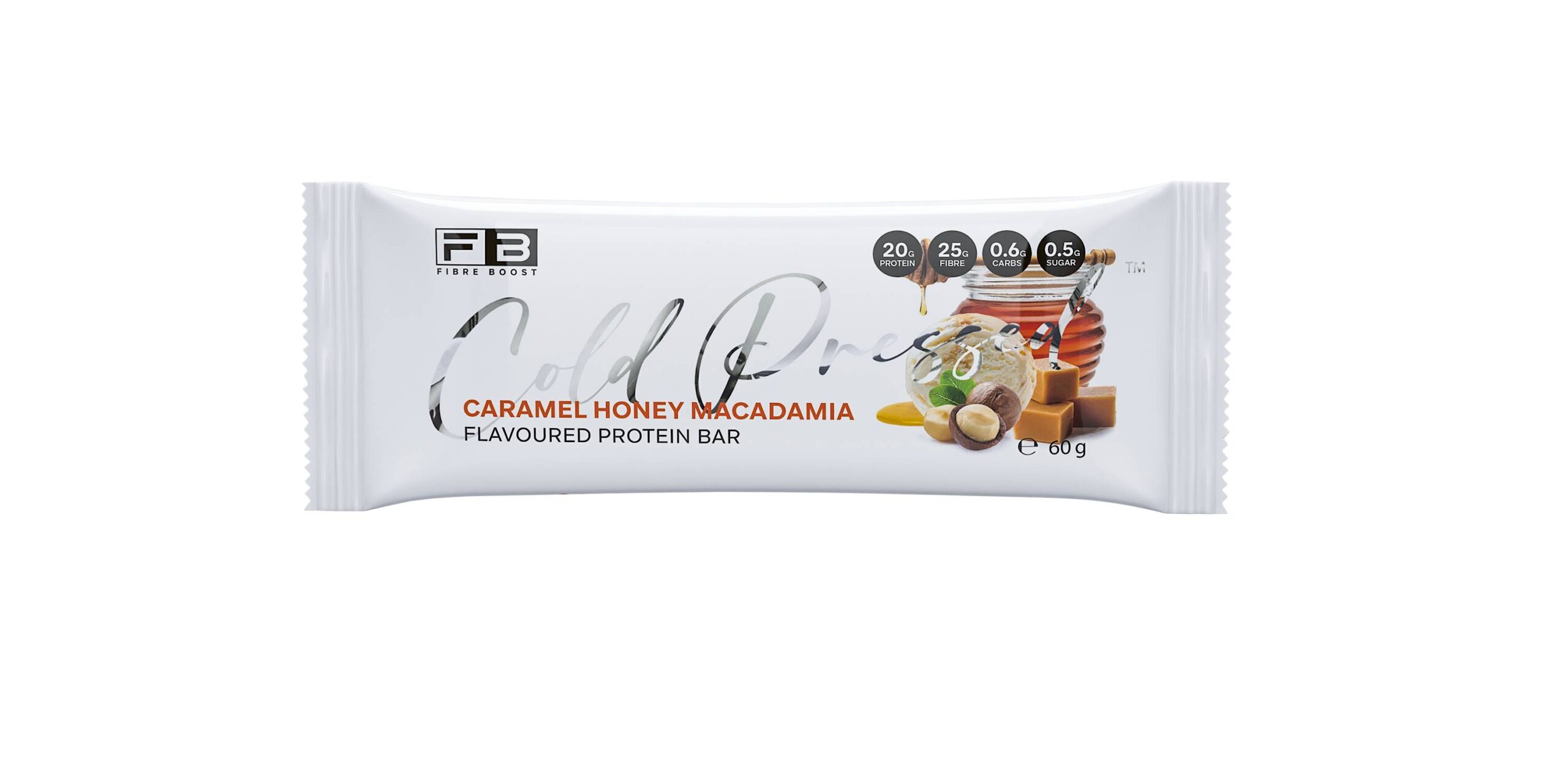 Fibre Boost Protein Bar with caramel, honey, and macadamia nuts, showcasing the coated caramel and nut-filled interior.