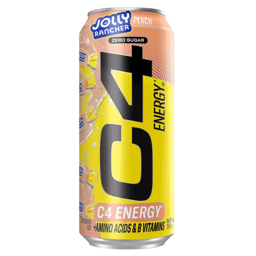 12 cans of Cellucor C4 Carbonated RTG energy drink with Jolly Rancher Peach flavor in a case, featuring colorful cans with branding.