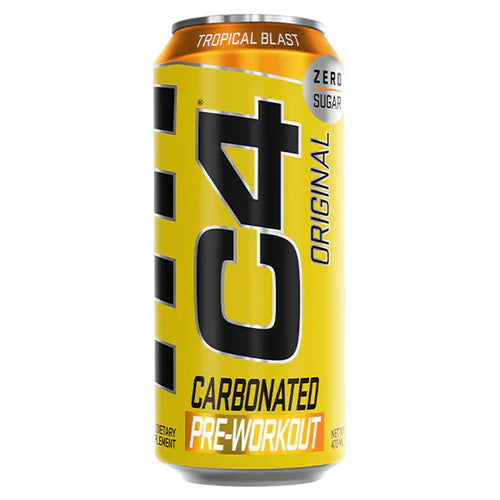 Cellucor C4 Carbonated RTG tropical blast flavored energy drink in a 473ml can with vibrant tropical fruit design.