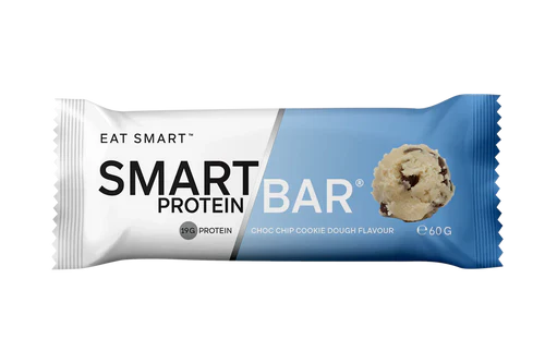 Smart Protein Bar from Smart Diet Solutions with chocolate chip cookie dough flavor, showing the nutrition label and bar packaging.