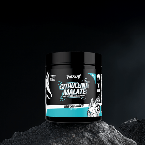 Nexus Sports Nutrition Citrulline Malate essentials supplement bottle with label, showing the product and branding.