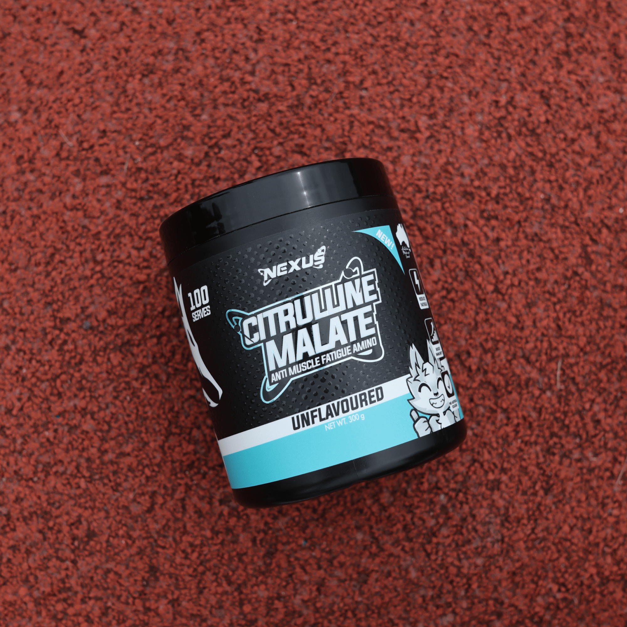 Nexus Sports Nutrition Citrulline Malate supplement bottle with label, displayed alongside the supplement powder in a scoop.