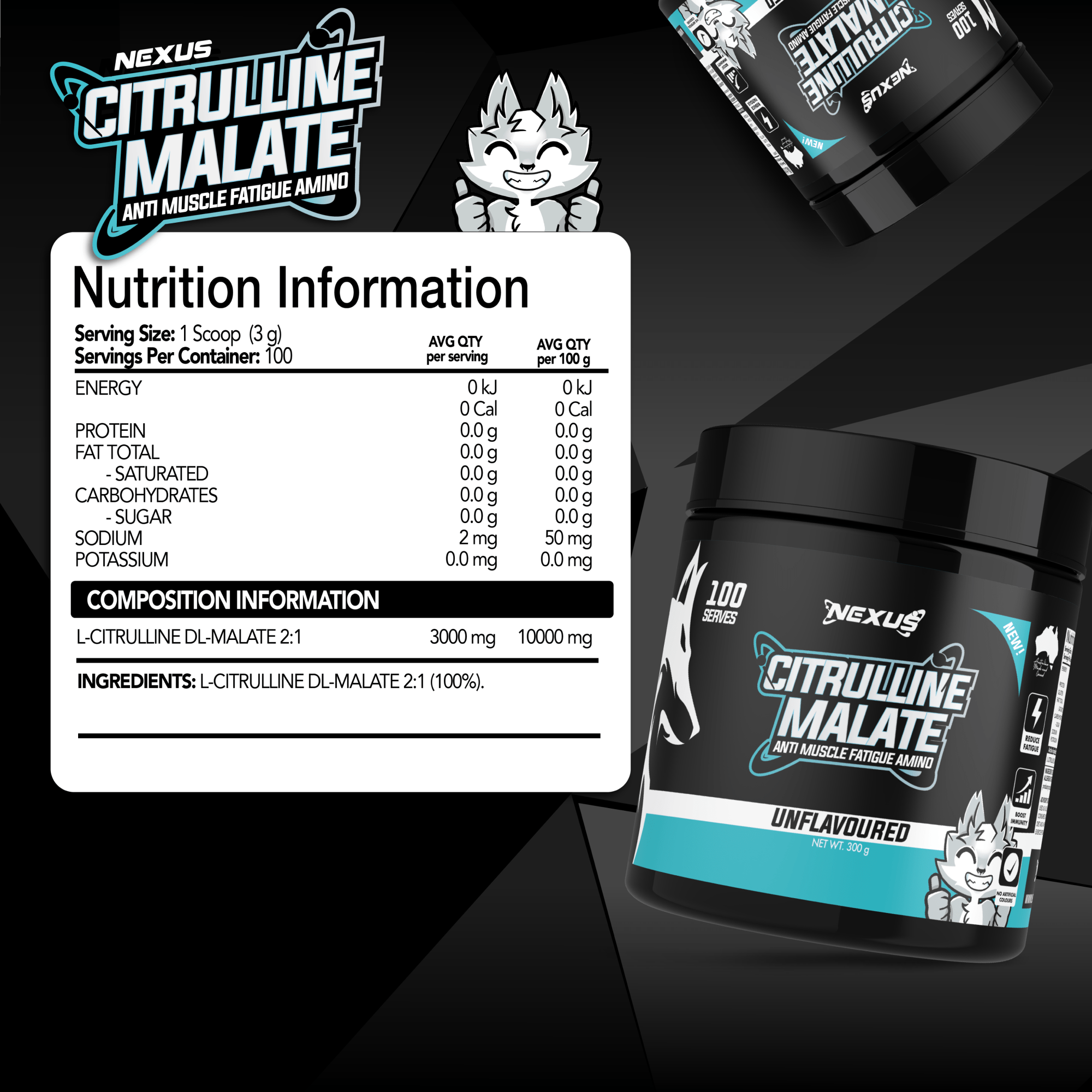 Nexus Sports Nutrition Citrulline Malate supplement bottle with label, close-up of the essentials supplement for improved workout performance