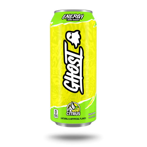 GHOST ENERGY drink can with citrus flavor, featuring bright orange and lemon graphics on a sleek GHOST ENERGY can design