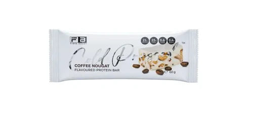 Fibre Boost Fibre Boost Protein Bar with coffee and nougat flavor, showing the bar's textured surface and packaging.