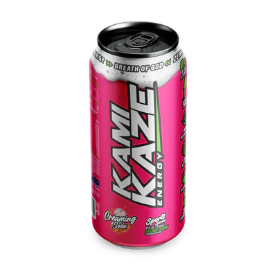 KAMIKAZE ENERGY KAMIKAZE creamy soda flavored energy drink in a sleek can with vibrant design.