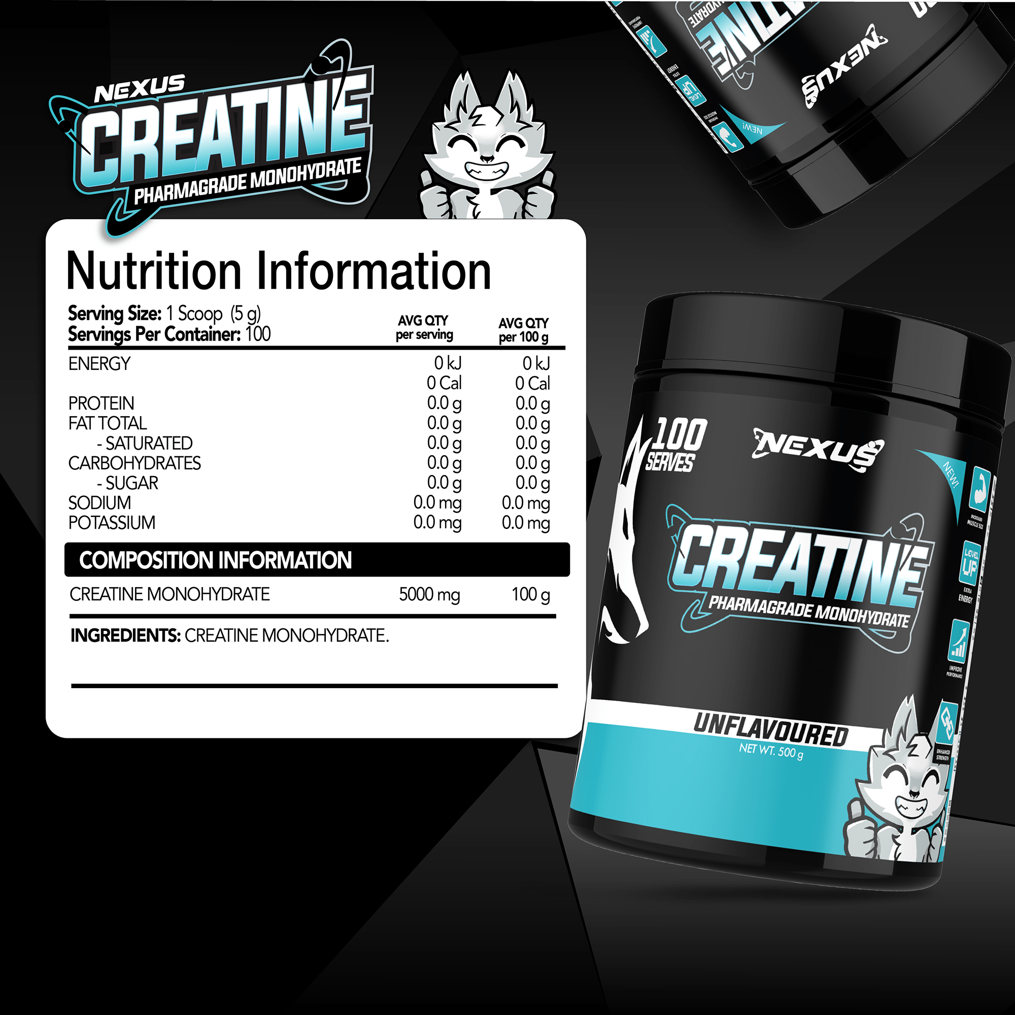 Nexus Nutrition Creatine Monohydrate powder in a container, showing the supplement's label and scoop for measuring.