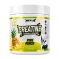 Nexus Nutrition Creatine Monohydrate powder in Pine Punch flavor, shown in a clear container with scoops and a measuring cup.