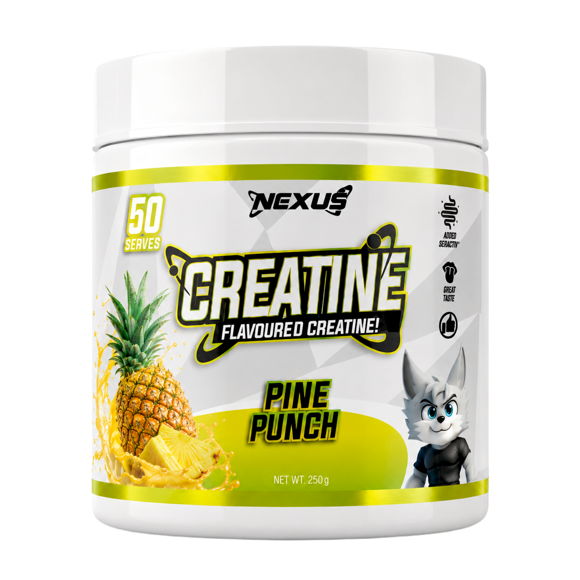Nexus Nutrition Creatine Monohydrate powder in Pine Punch flavor, shown in a clear container with scoops and a measuring cup.
