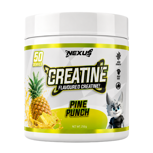 Nexus Nutrition Creatine Monohydrate powder in Pine Punch flavor, shown in a clear container with scoops and a measuring cup.