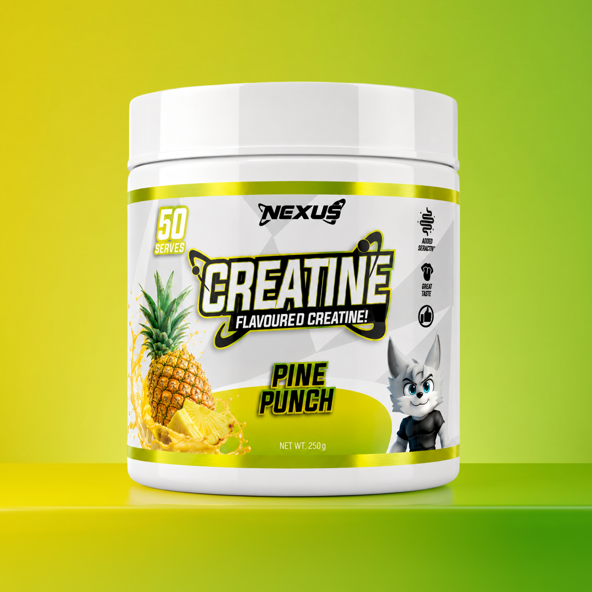 Nexus Nutrition Creatine Monohydrate powder in Pine Punch flavor, showing the container and scoop of supplement.