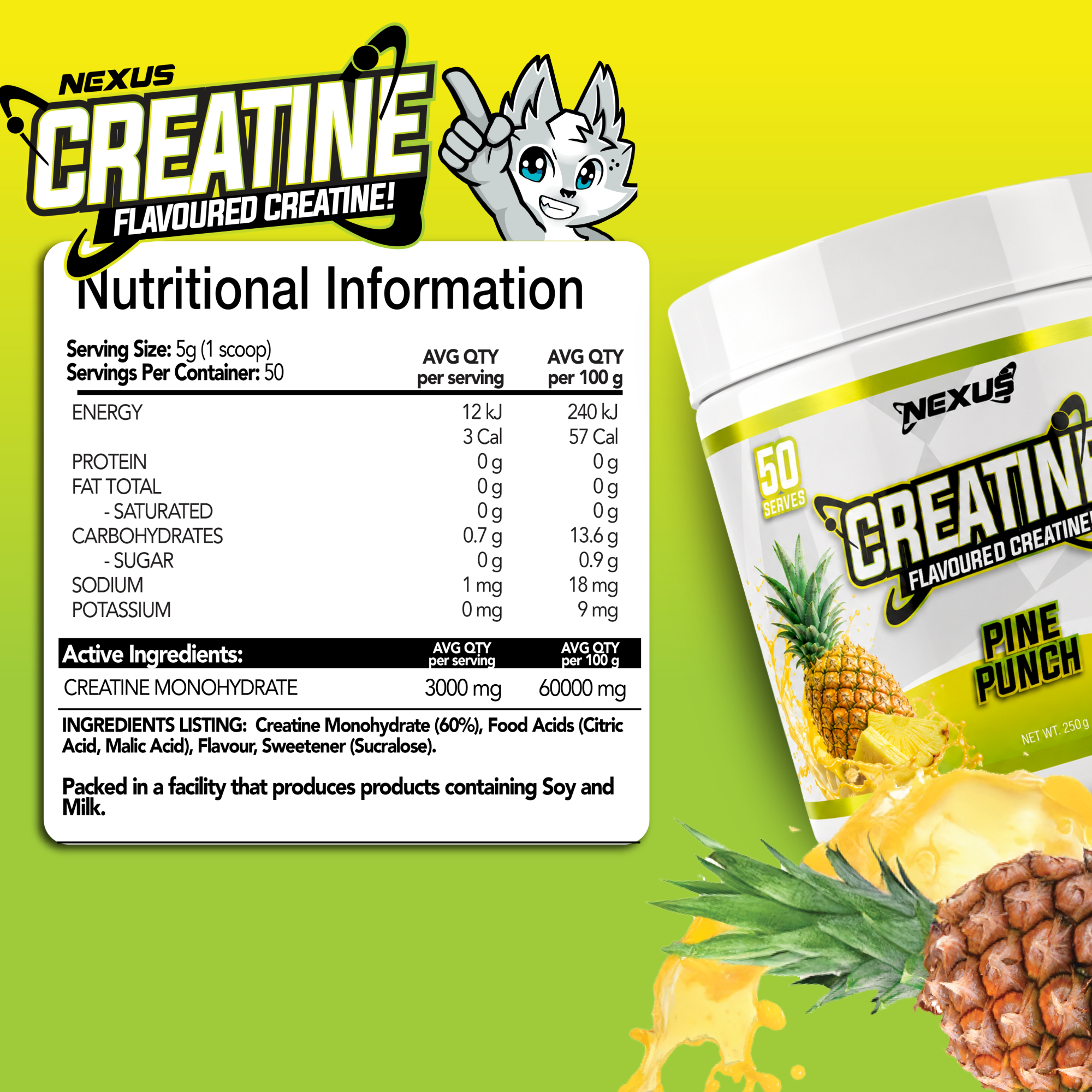 Nexus Nutrition Creatine Monohydrate powder in Pine Punch flavor, showing the colorful container and scoop of powder.