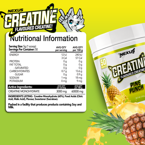 Nexus Nutrition Creatine Monohydrate powder in Pine Punch flavor, showing the colorful container and scoop of powder.