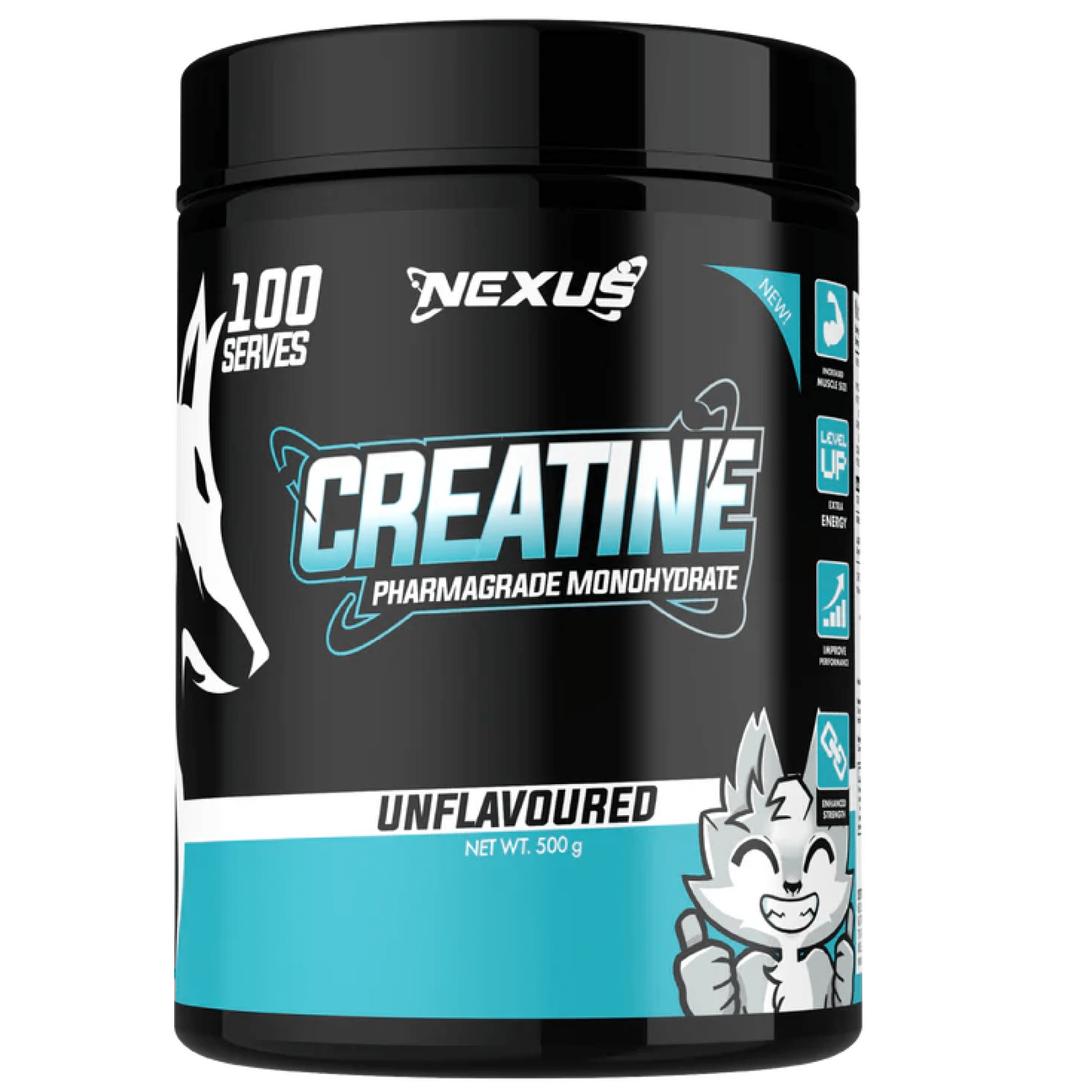 Nexus Nutrition Creatine Monohydrate powder in a container, showing the supplement's label and product packaging.