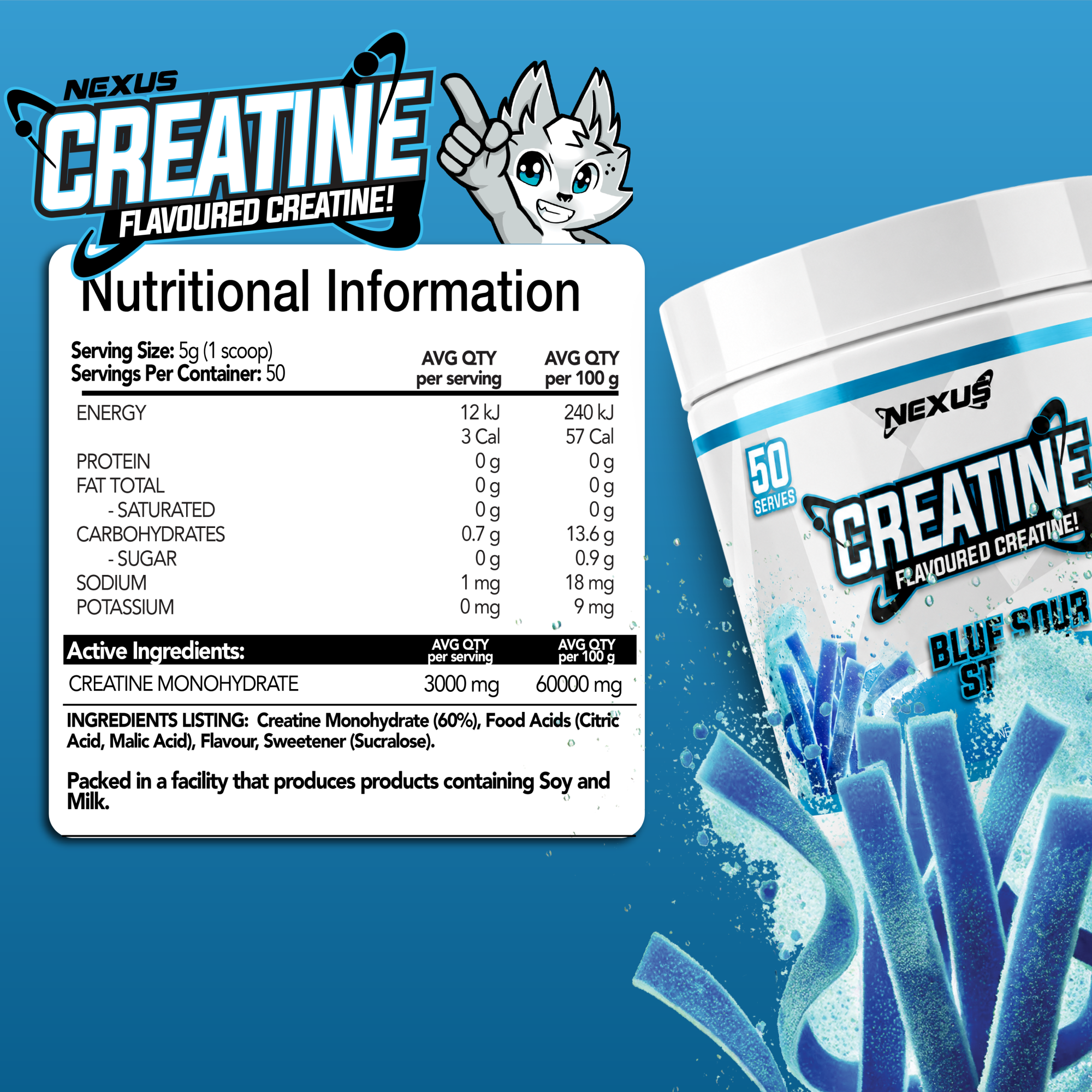 Nexus Nutrition Creatine Monohydrate powder in blue sour straps flavor, shown in a clear container with blue and sour strap candies nearby.