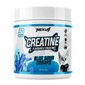 Blue Sour Straps flavored creatine monohydrate supplement by Nexus Nutrition in a clear container with blue and sour strap packaging.