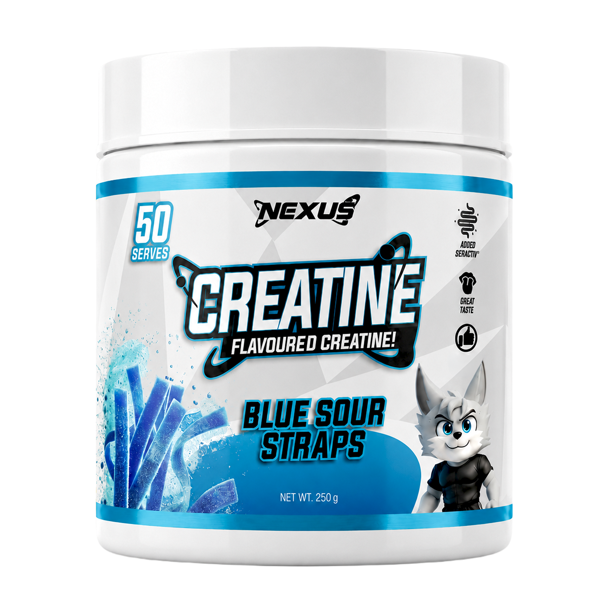 Blue Sour Straps flavored creatine monohydrate supplement by Nexus Nutrition in a clear container with blue and sour strap packaging.