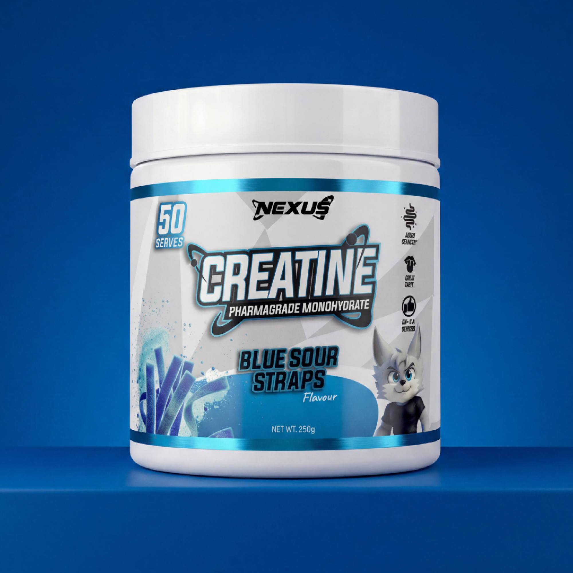 Blue sour straps flavored creatine monohydrate supplement from Nexus Nutrition, featuring colorful blue and red gummy straps.