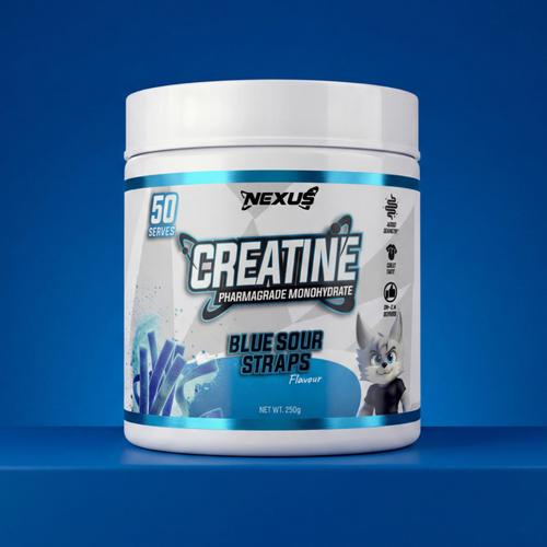 Blue sour straps flavored creatine monohydrate supplement from Nexus Nutrition, featuring colorful blue and red gummy straps.