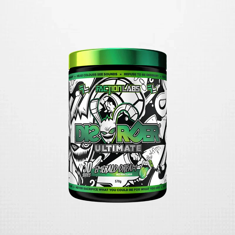 Faction Labs Disorder Ultimate supplement in 570g container with Emerald Dream Wild Grape flavor, 30 servings, dietary health product.