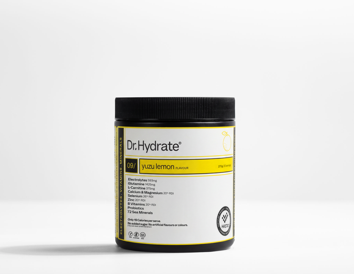 Bottle of DR HYDRATE Electrolytes with Yuzu Lemon flavor from DR HYDRATE brand, featuring a clear label and vibrant citrus design.