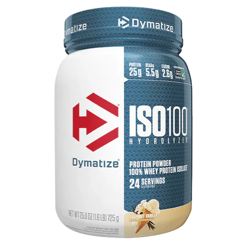 Dymatize ISO100 hydrolyzed protein powder in vanilla flavor, 1.6 lb container, showing the product packaging and branding.