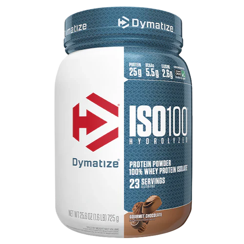 DYMATIZE ISO100 hydrolyzed protein powder in Gourmet Chocolate flavor, 1.6lb container with scoops and packaging details visible.