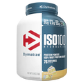 Dymatize ISO100 hydrolyzed protein powder in 5lb Birthday Cake flavor, featuring the Dymatize brand packaging and product label.