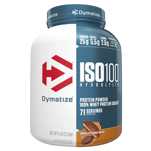 Dymatize ISO100 Hydrolyzed protein powder in 5lb Chocolate Peanut Butter flavor, shown in the black and brown tub.