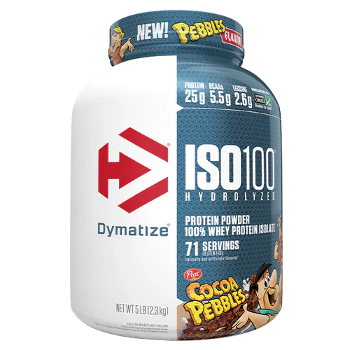 Dymatize ISO100 hydrolyzed protein powder in 5lb Cocoa Pebbles flavor, shown in a container with the label visible.