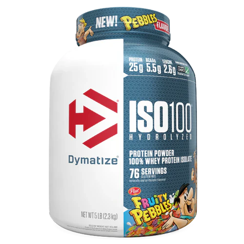 Dymatize ISO100 hydrolyzed protein powder in Fruity Pebbles flavor, 5lb container, showing the product packaging and scoop