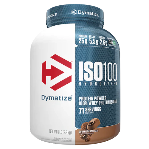 Dymatize ISO100 hydrolyzed whey protein in 5lb Gourmet Chocolate flavor, showing the protein powder container with branding
