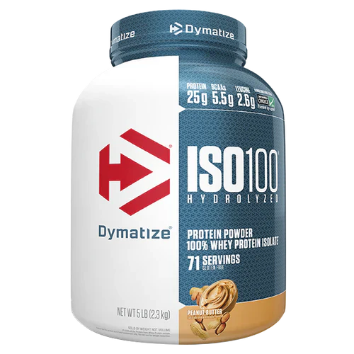 Dymatize ISO100 hydrolyzed protein powder in 5lb peanut butter flavor, with a close-up of the product packaging.