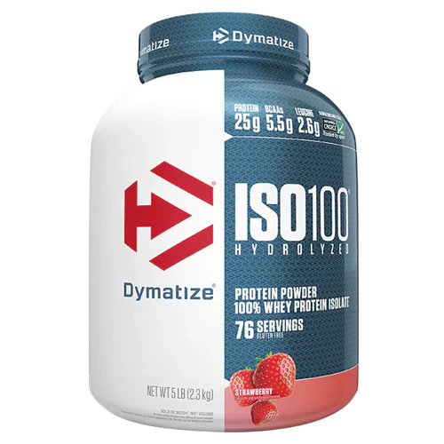 Dymatize ISO100 hydrolyzed whey protein powder in 5lb strawberry flavor package with scoop and label visible.