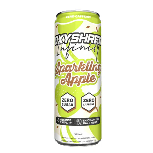 EHP Labs OXYSHRED Infinity RTD can with apple flavor, showcasing the energy drink container with branding and vibrant design.