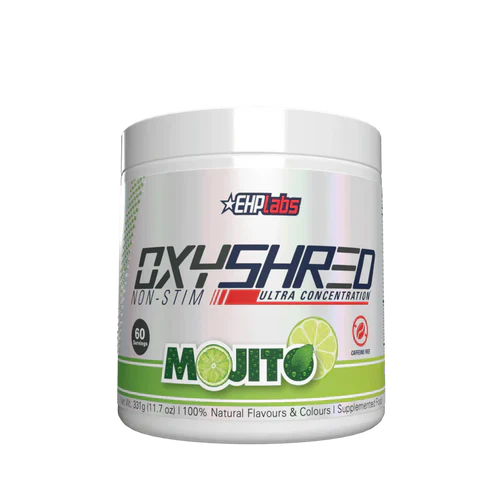 EHP LABS OXYSHRED Non-Stim fat burner supplement container with Mojito flavor and label design.