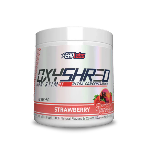 EHP LABS Oxyshred Non-Stim energy supplement container with strawberry flavor and label visible.