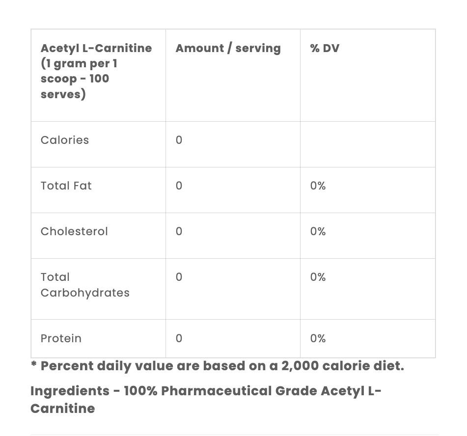 EHP LABS Acetyl L-Carnitine supplement bottle with label showing product details and branding.