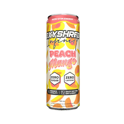 EHP LABS OxyShred Infinity can featuring peach mango flavor, with vibrant orange and yellow design, showcasing the supplement container