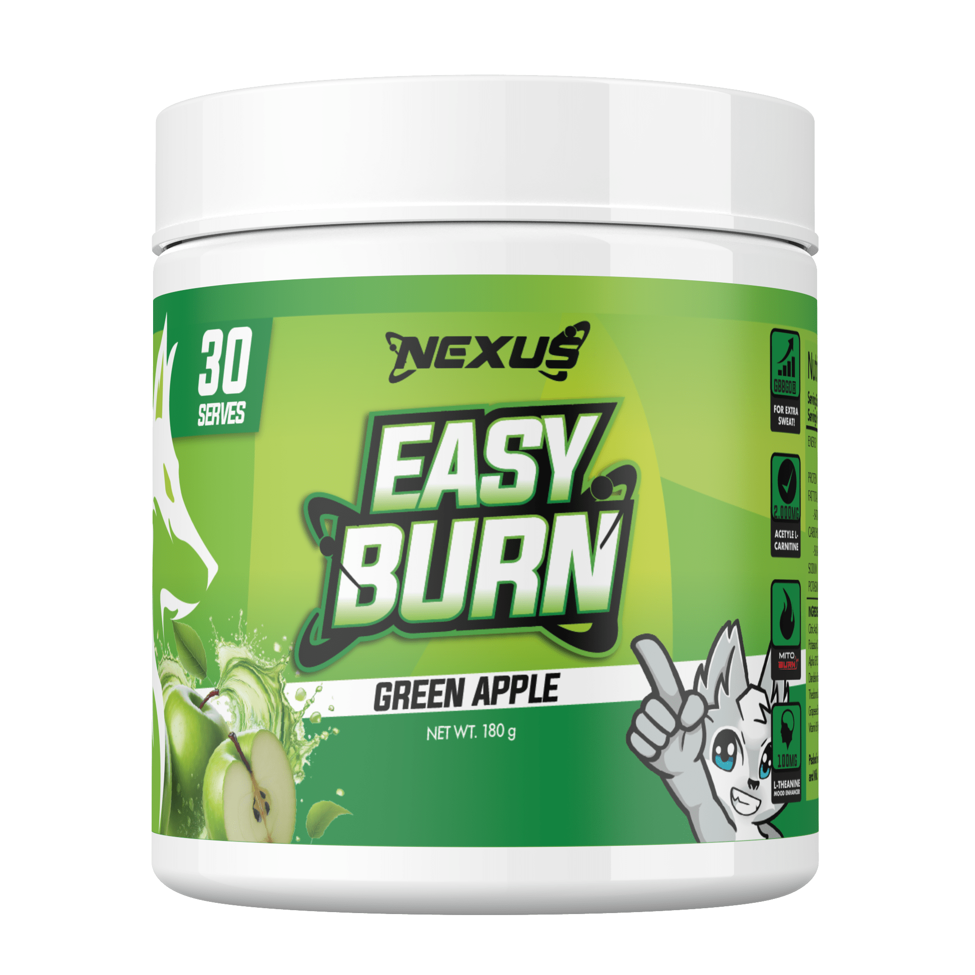 Nexus Nutrition EasyBurn NEXUS supplement with green apple flavor, featuring the product packaging with green and white design.