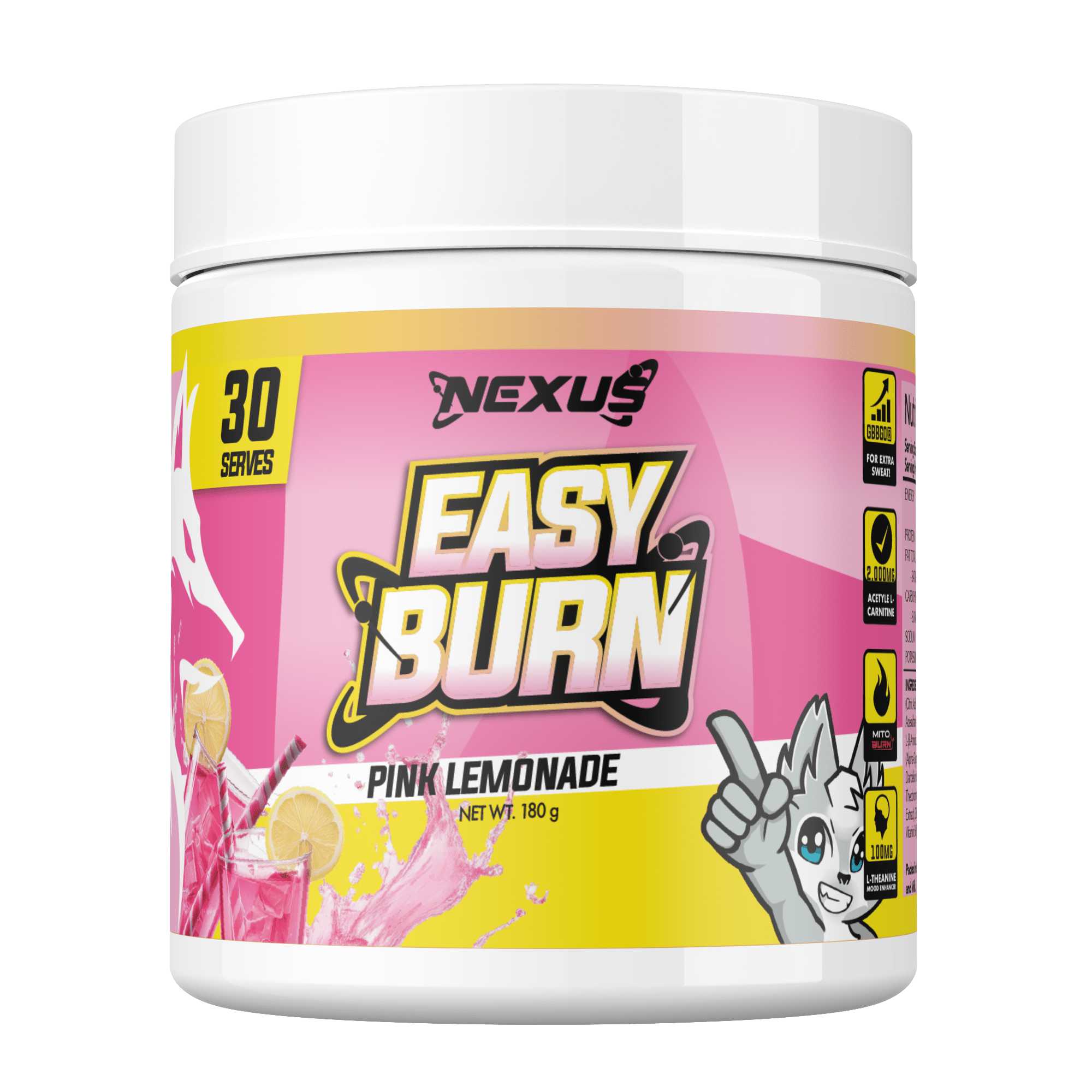 Nexus Nutrition EasyBurn NEXUS supplement in pink lemonade flavor, featuring a colorful container with capsules or powder inside.