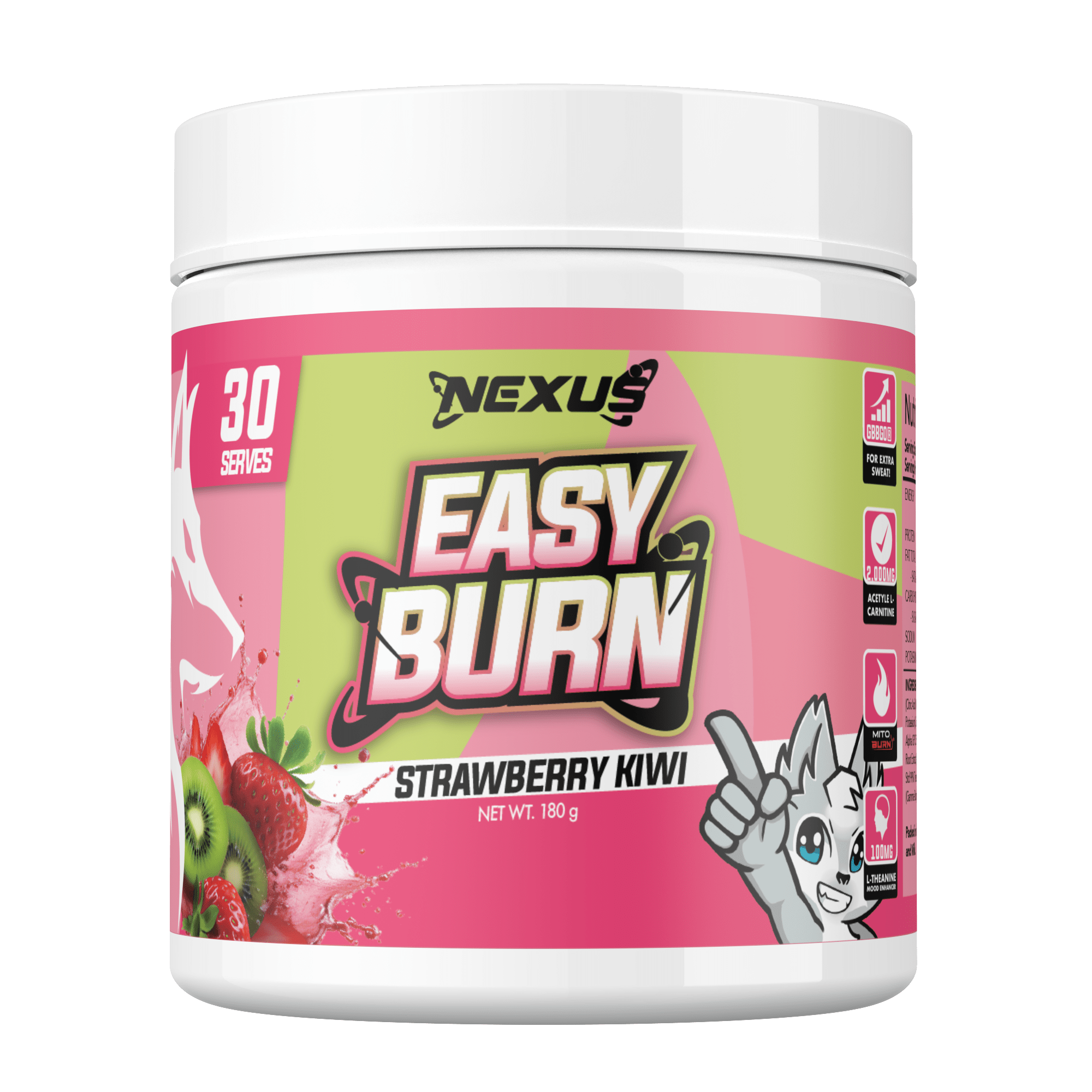 Nexus Nutrition EasyBurn NEXUS supplement with strawberry kiwi flavor, shown in a sleek container with the product label.