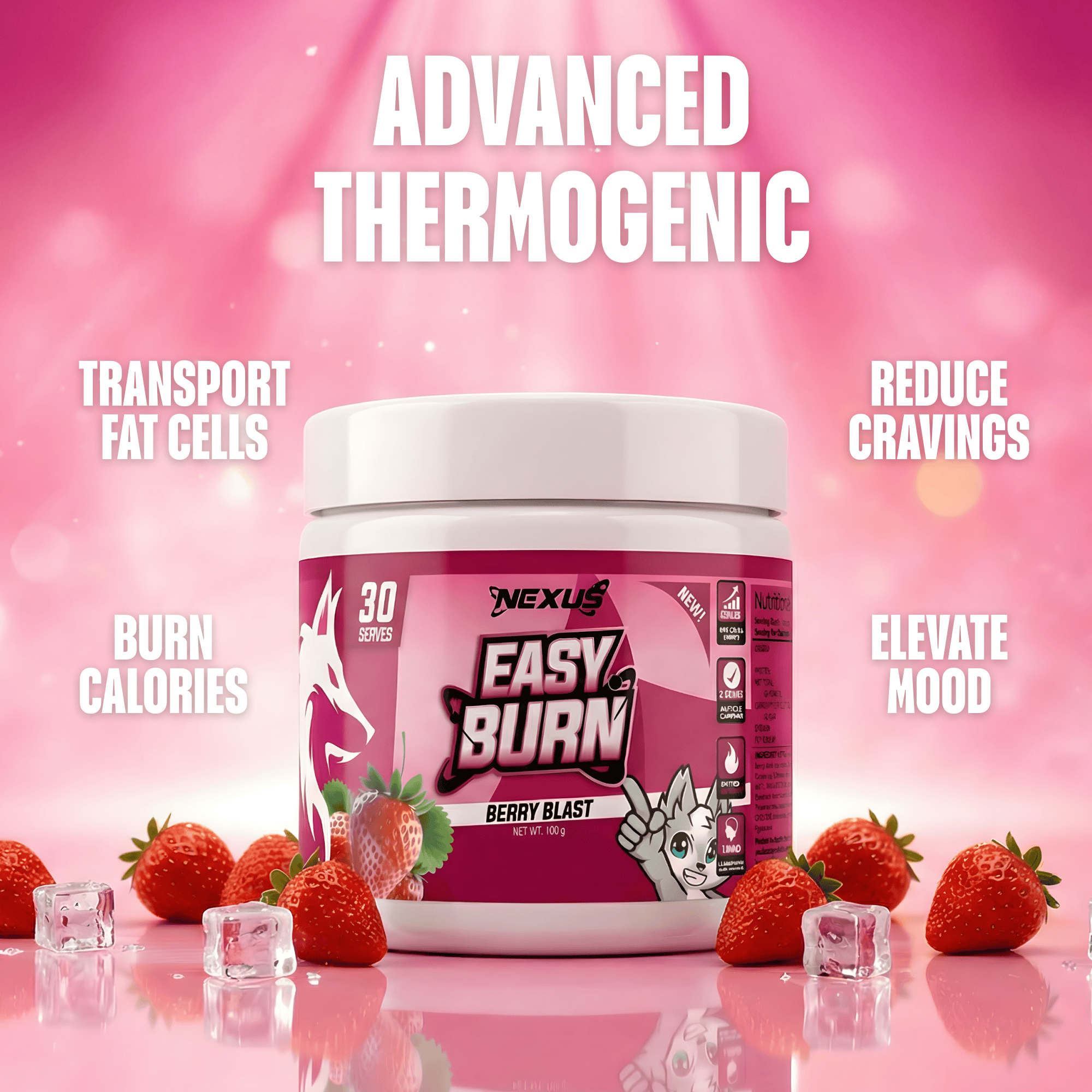 Nexus Nutrition EasyBurn NEXUS supplement with Cosmic Berry Blast flavor in a colorful container, featuring the product label.