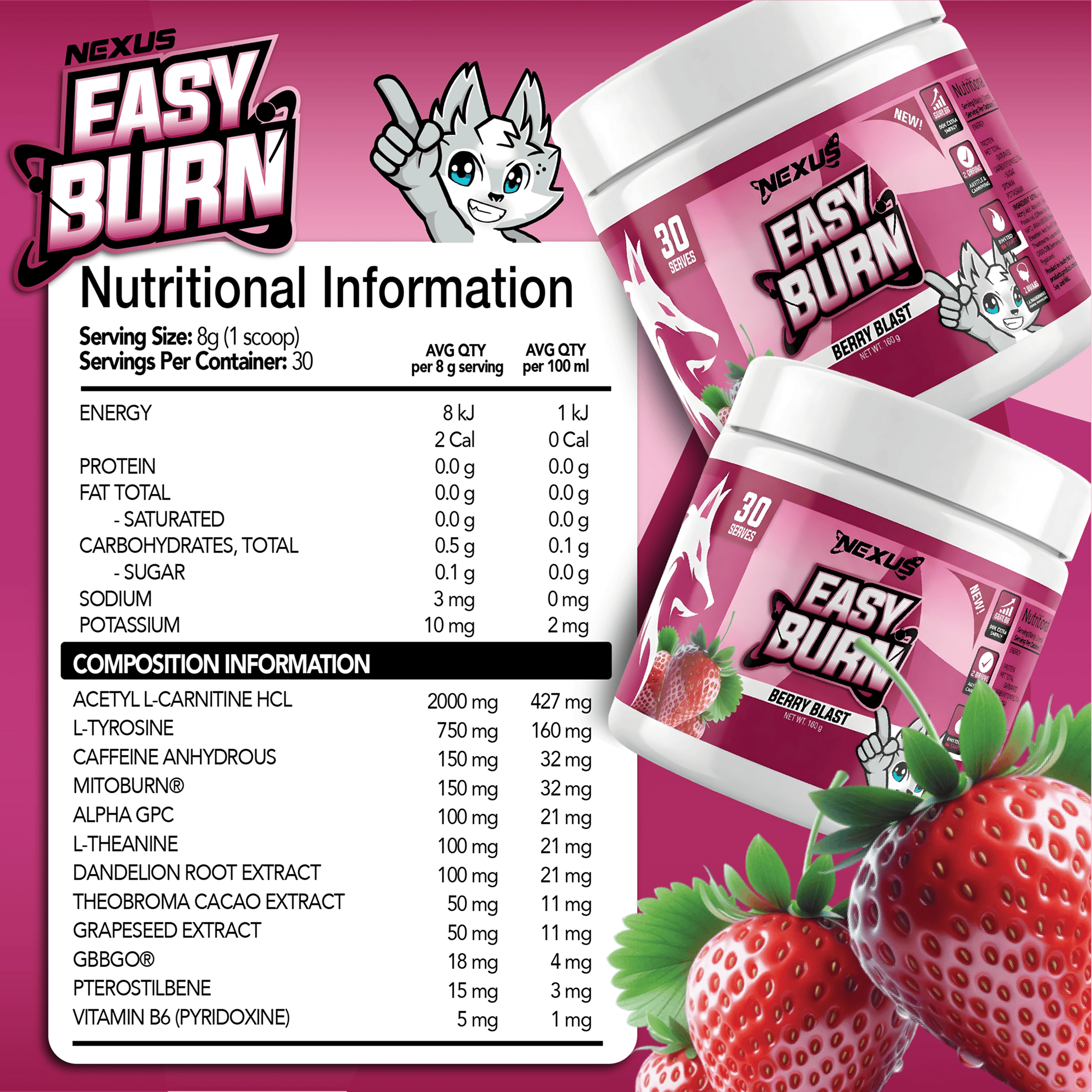 Nexus Nutrition EasyBurn NEXUS supplement with Cosmic Berry Blast flavor in a colorful container, featuring the product label.