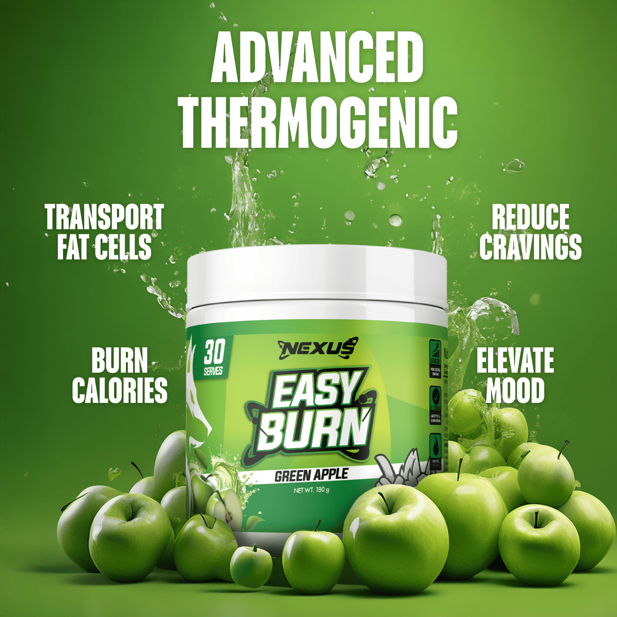 Nexus Nutrition EasyBurn NEXUS supplement bottle with green apple flavor, showing the product label and green apple imagery.