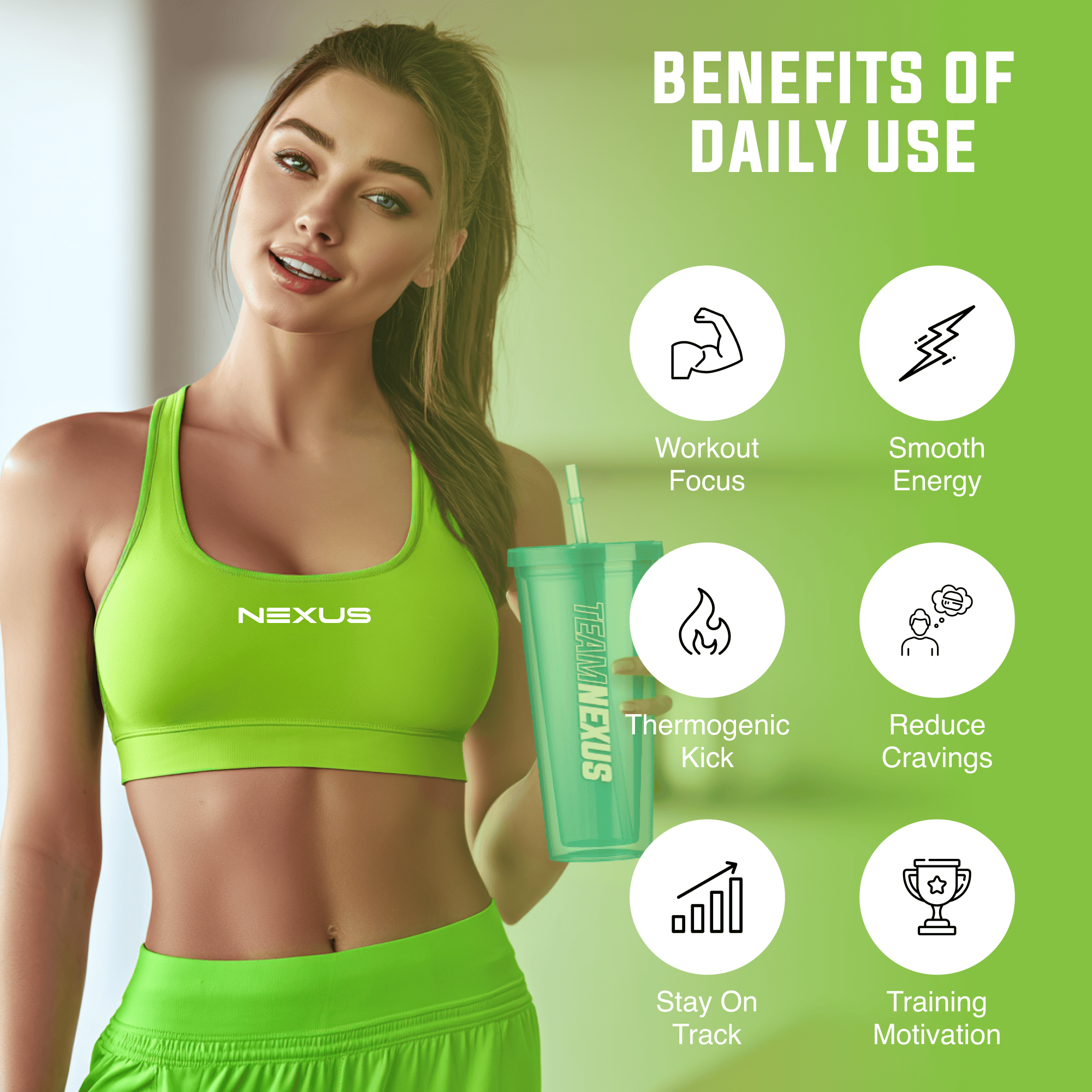 Nexus Nutrition EasyBurn NEXUS dietary supplement bottle with green apple flavor on a white background