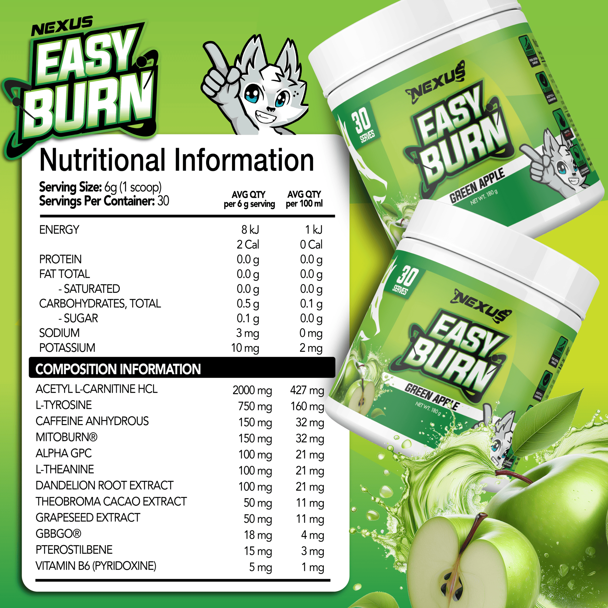 Nexus Nutrition EasyBurn NEXUS supplement with green apple flavor in a sleek bottle, featuring the product label and branding.