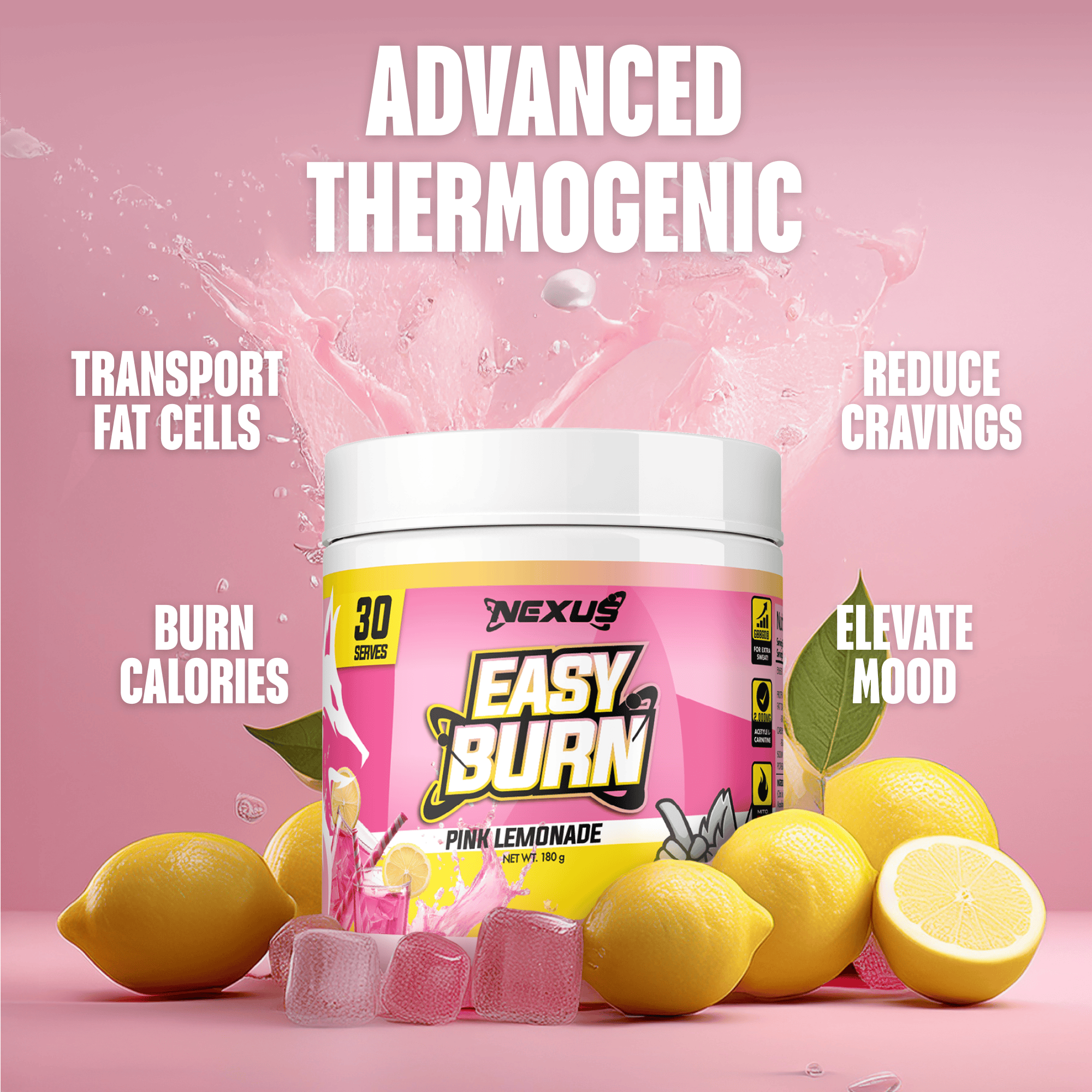 Nexus Nutrition EasyBurn NEXUS supplement in pink lemonade flavor, featuring a sleek bottle with vibrant pink label and branding.