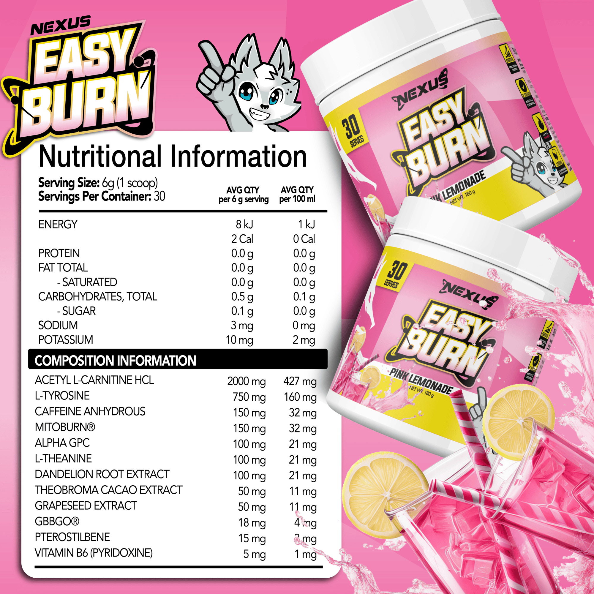 Nexus Nutrition EasyBurn NEXUS supplement in pink lemonade flavor with a vibrant container and scoop on a white background.
